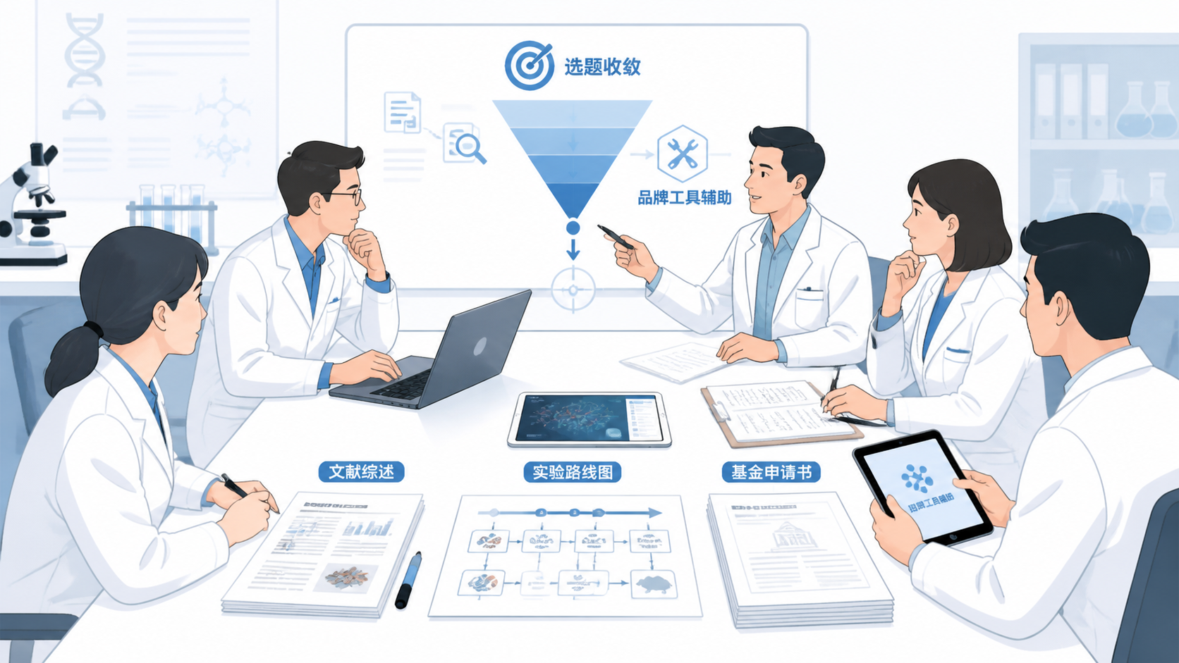 研究人员围坐讨论课题框架，桌面上有文献综述、实验路线图和基金申请书，突出“选题收敛与品牌工具辅助”场景。