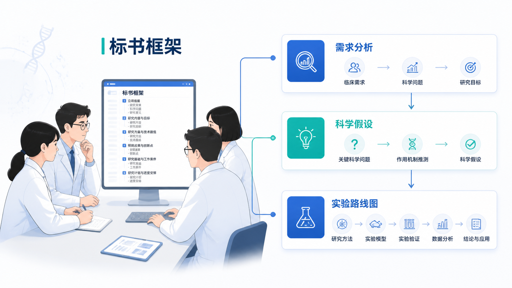 科研团队在电脑前梳理国自然标书框架，旁边展示需求分析、科学假设和实验路线图。