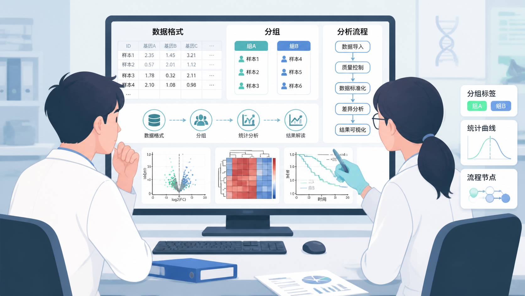 一张医学生和科研人员在电脑前检查生信数据表格与流程图的场景，突出数据格式、分组和分析流程。