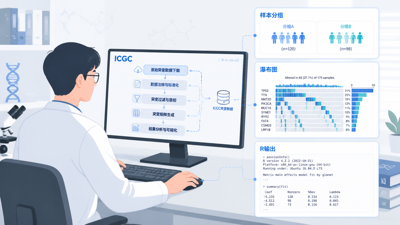 研究者在电脑上完成ICGC突变数据整理流程图，旁边展示样本分组、瀑布图和R语言输出结果