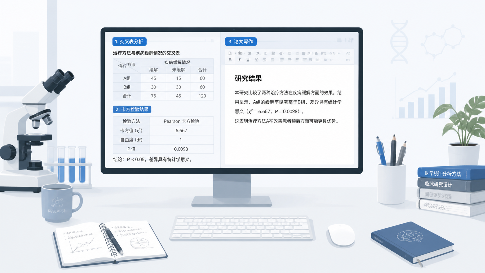 一张科研人员完成统计分析后的简洁桌面场景图,显示交叉表、卡方结果和论文写作界面,整体专业、清晰、偏学术风格