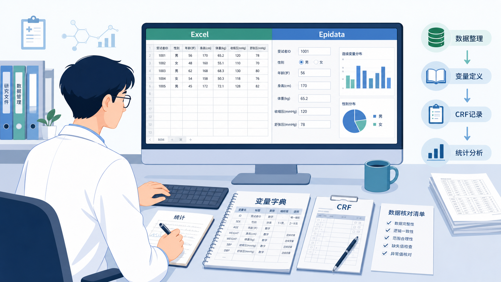 医学生或临床研究人员在电脑前整理Excel和Epidata数据表，旁边有变量字典、CRF表和统计图表，强调数据清洗与标准化流程。