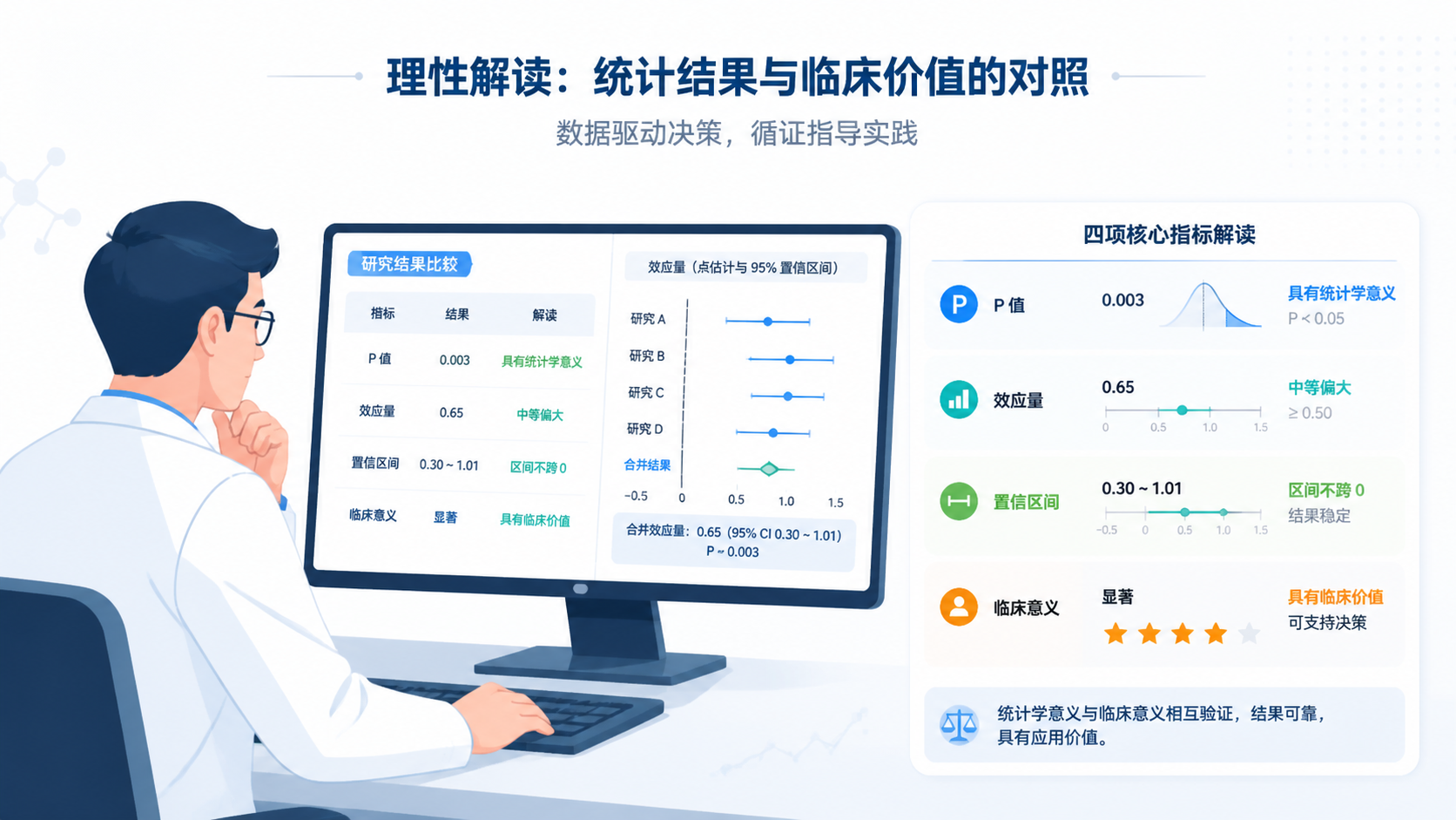 一位研究者在电脑前对比“P值、效应量、置信区间、临床意义”四项指标，画面简洁专业，突出理性解读统计结果。