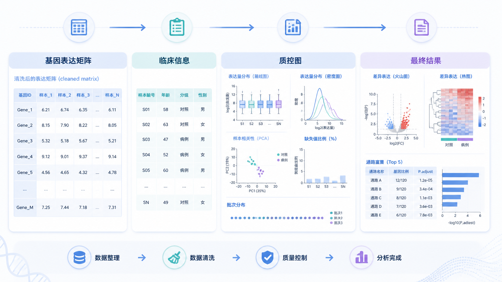 一张整洁的科研工作台示意图，展示清洗后的基因表达矩阵、临床信息表、质控图和最终分析结果。