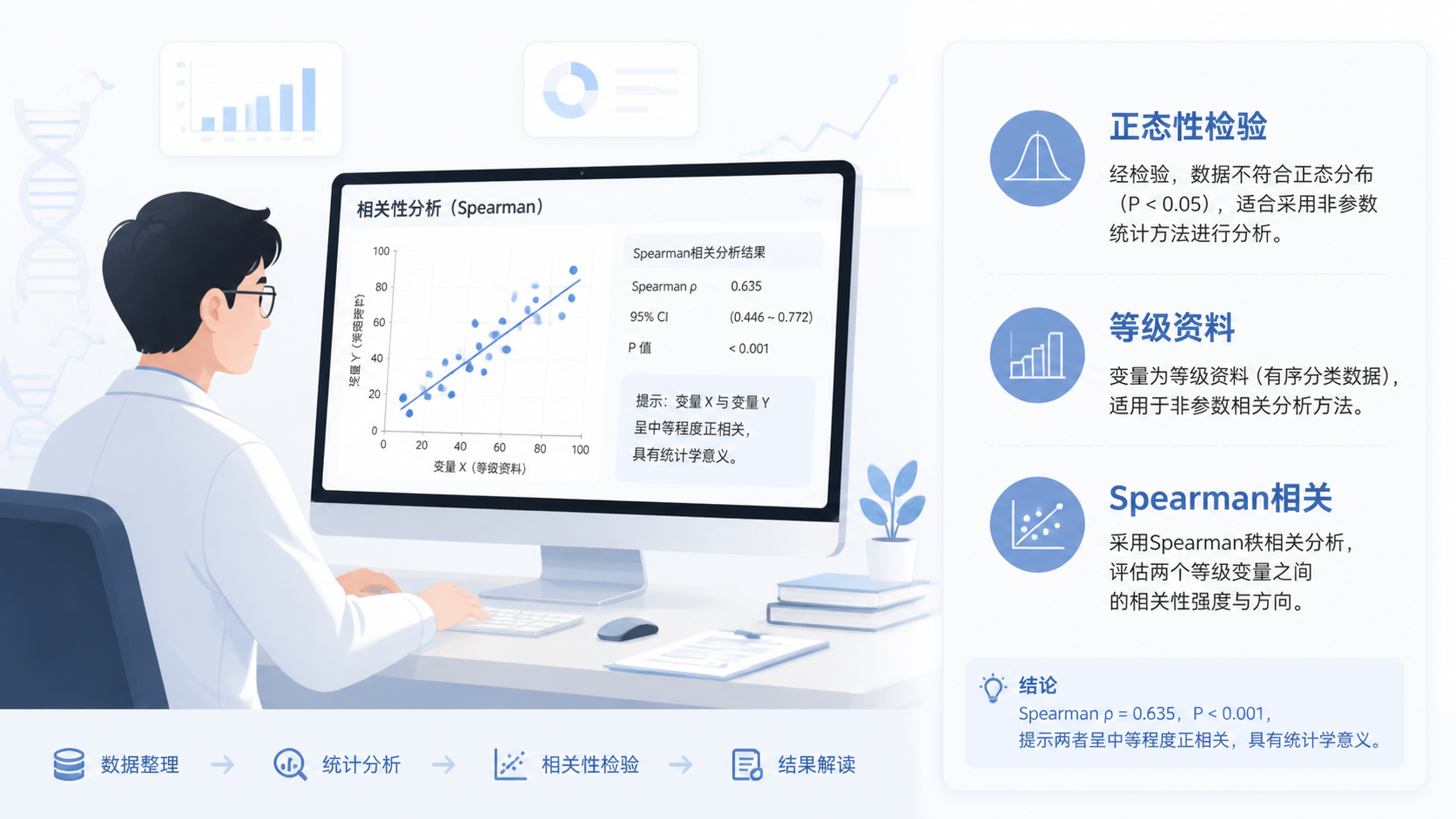 临床研究人员在电脑前查看散点图和统计结果，旁边展示“正态性检验、等级资料、Spearman相关”关键词的简洁信息图