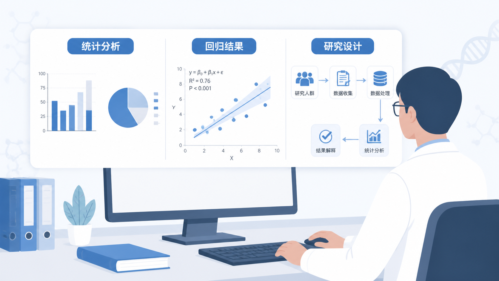 医学科研人员在电脑前查看统计图表、回归结果和研究设计流程图，画面专业、简洁。