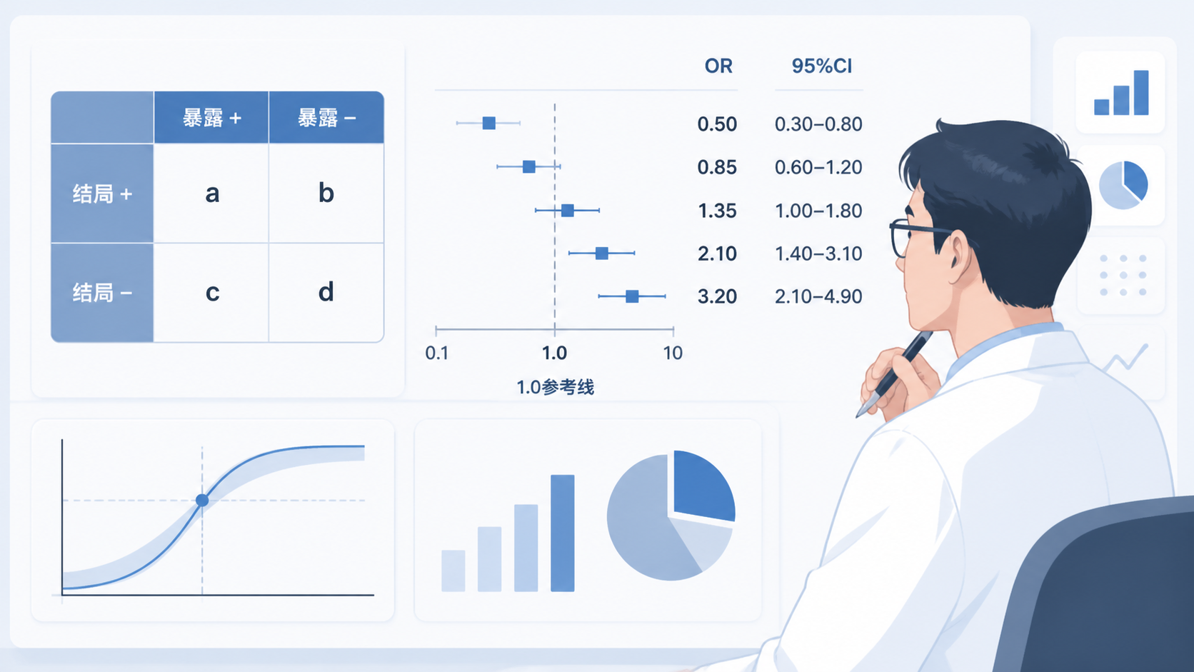 医学研究者在查看四格表和统计模型输出，旁边标出OR、95%CI和1.0参考线