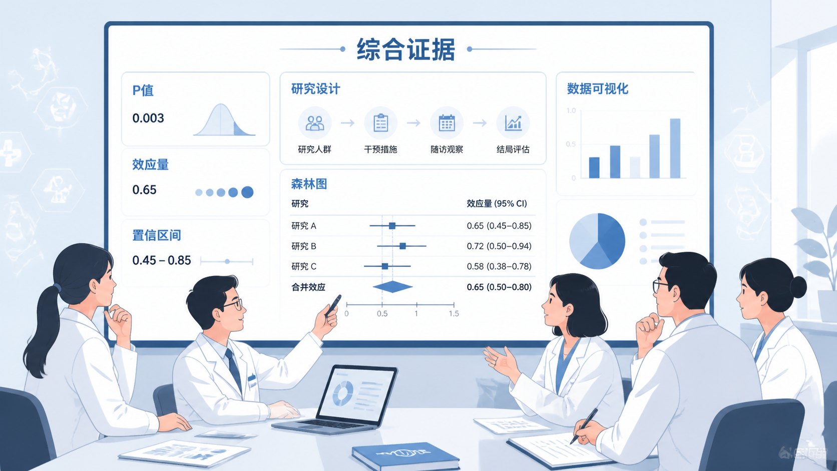 医学科研团队在讨论论文数据，屏幕上同时展示P值、效应量、置信区间和研究设计流程图，强调“综合证据判断”