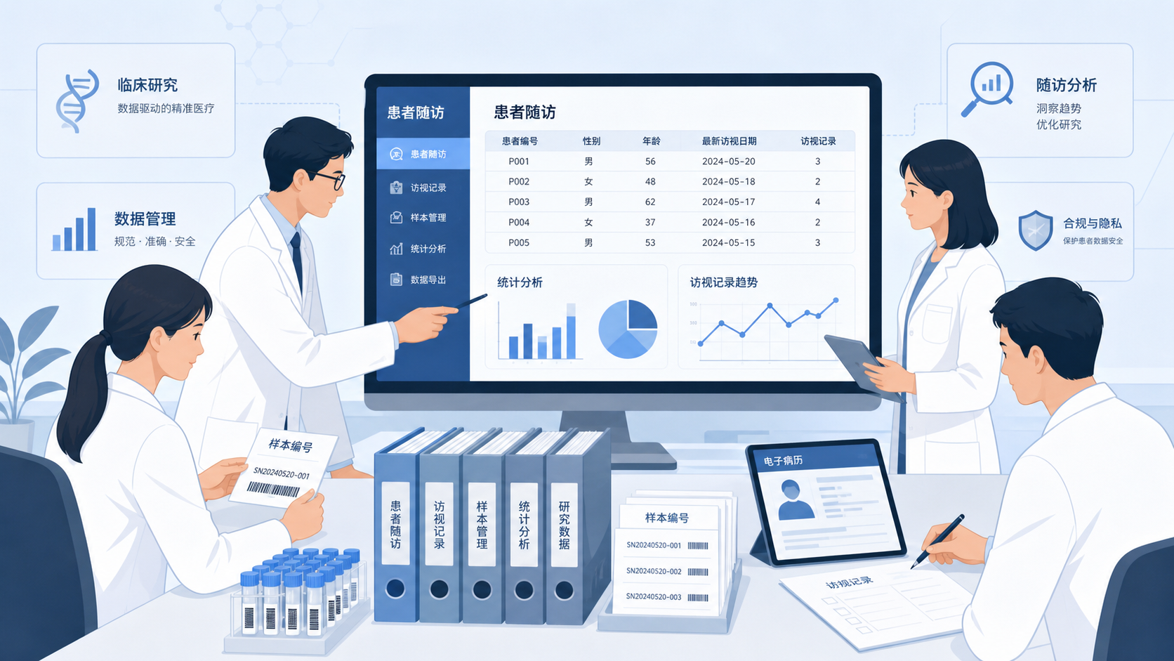 医生团队围绕电脑屏幕整理患者随访信息、样本标签和统计表格的科研场景图