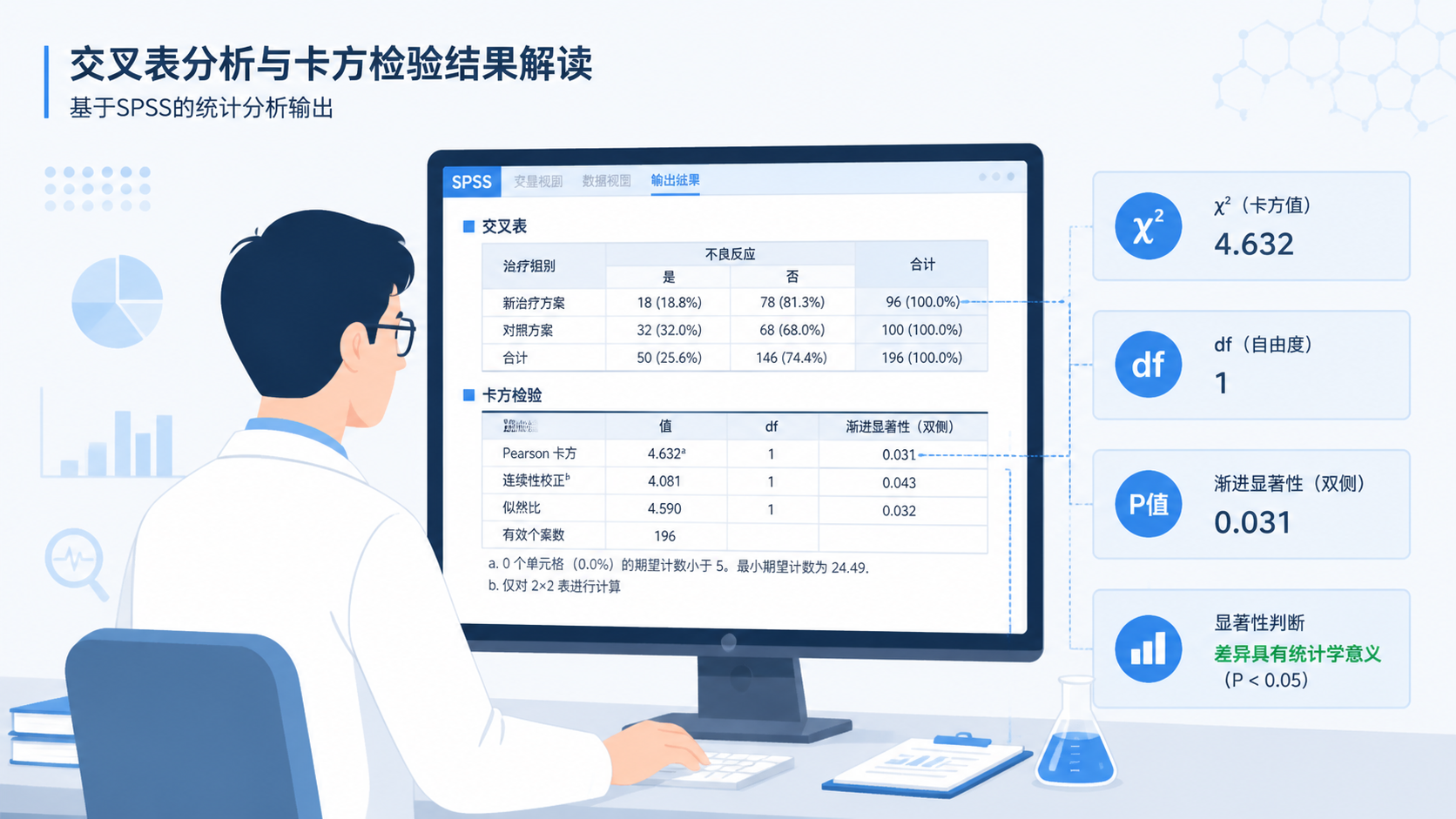 临床研究人员在电脑前查看SPSS交叉表输出结果，旁边标注χ²、df和P值，突出“显著性判断”主题