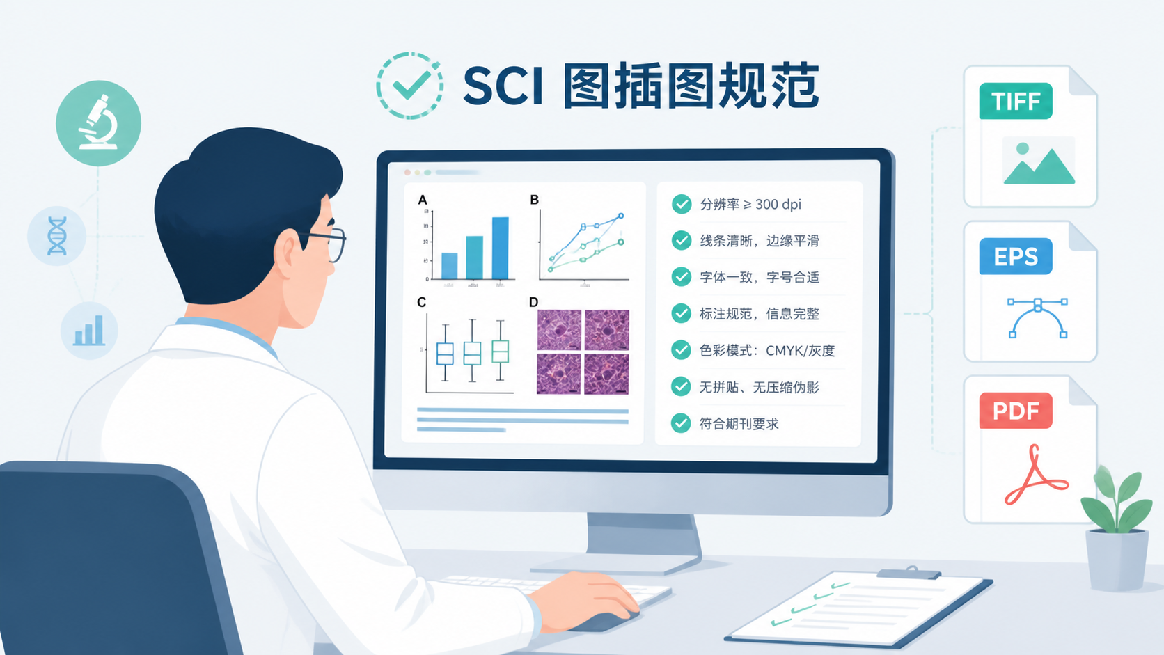 一张科研人员在电脑前检查SCI论文插图规范的示意图，旁边展示TIFF、EPS、PDF等文件格式图标。