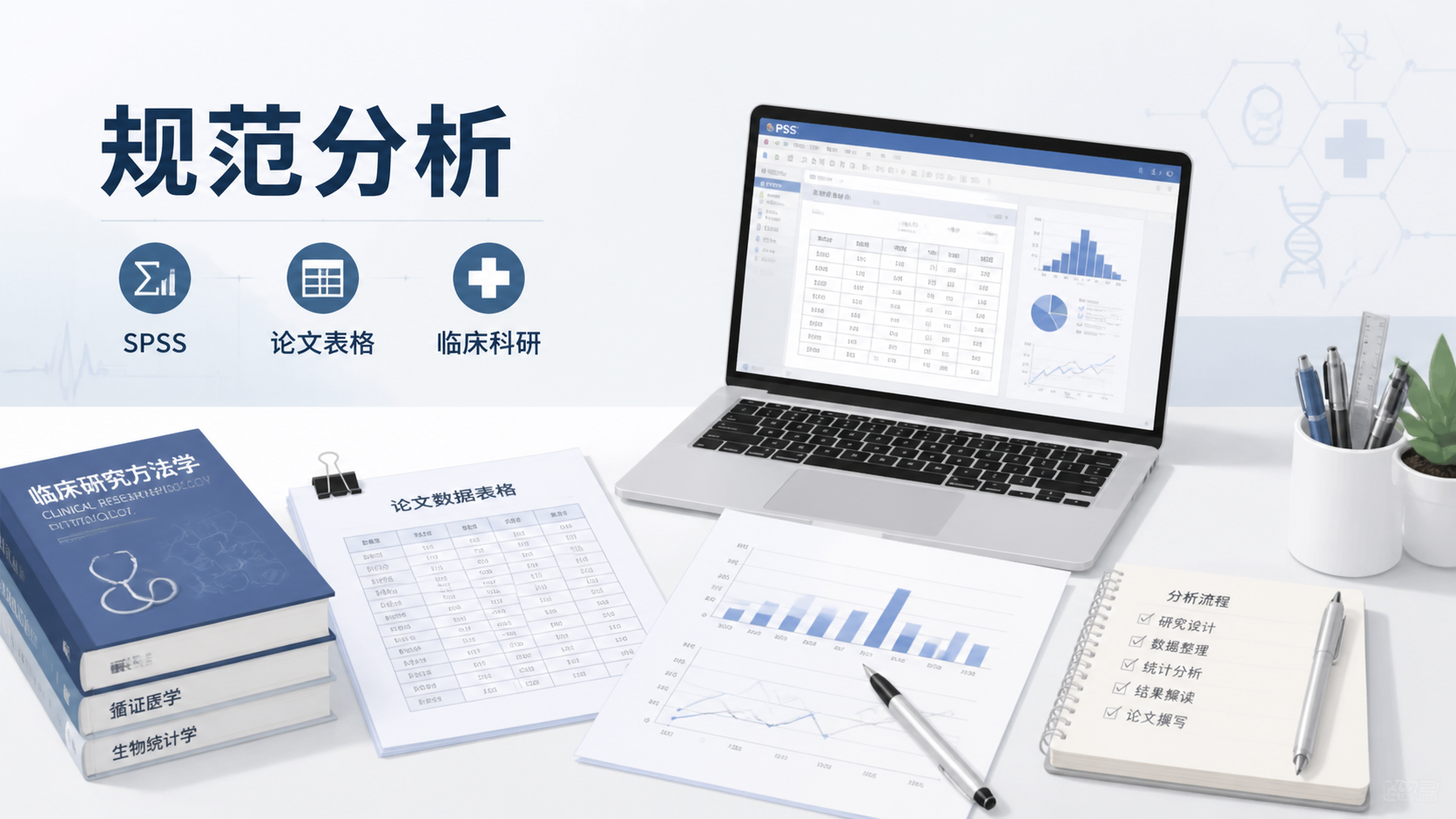 医学论文写作与统计分析结合的桌面场景，包含SPSS输出、论文表格和临床科研书籍，突出“规范分析、结果解读、科研提效”