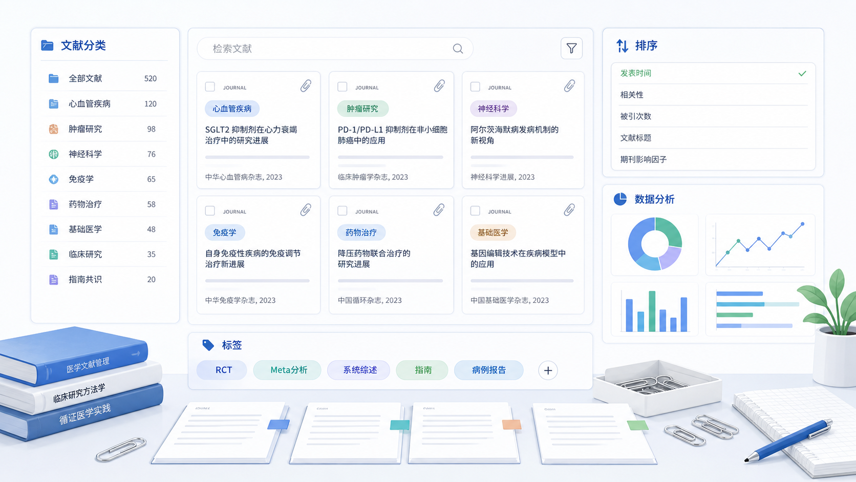 整洁的文献管理工作台，展示分类标签、附件回形针、排序列表和数据分析图表