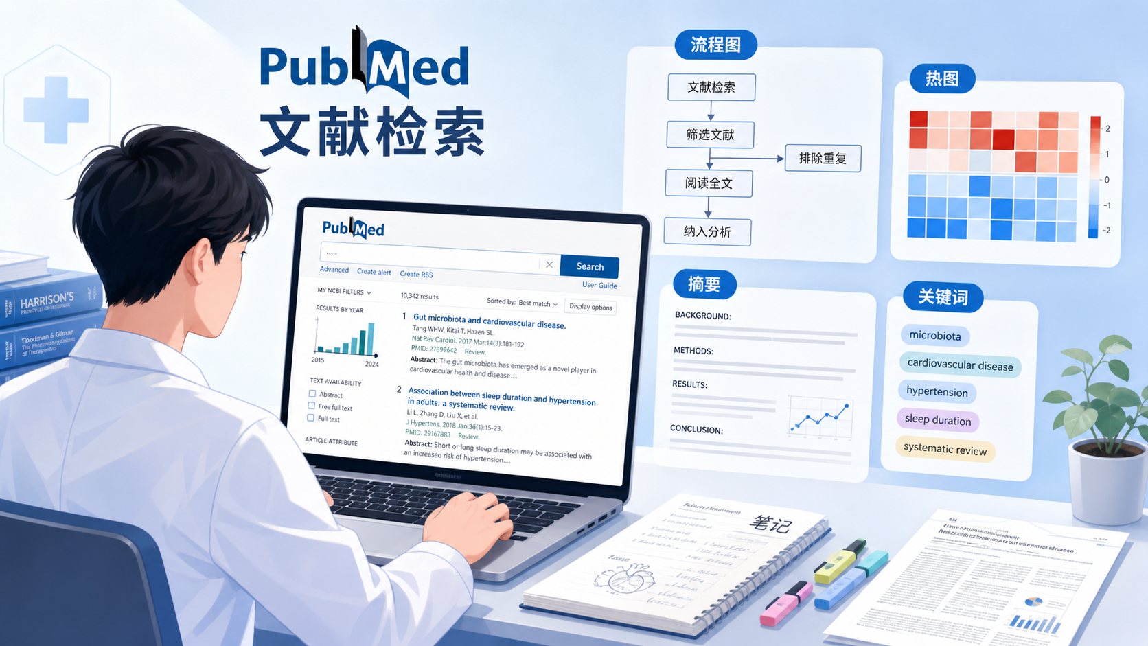 一位医学生在电脑前检索PubMed和整理文献笔记,旁边显示流程图、热图和论文摘要截图,突出高效阅读场景