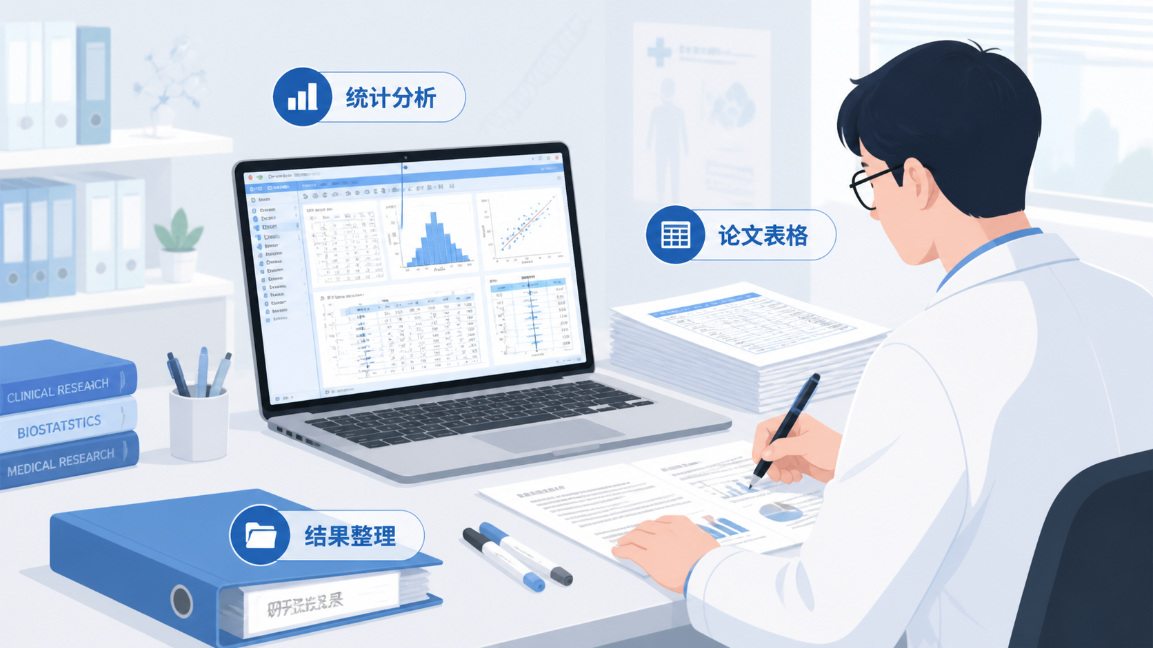 医学论文写作与统计分析工作台，包含统计软件界面、论文表格和研究者整理结果的场景。
