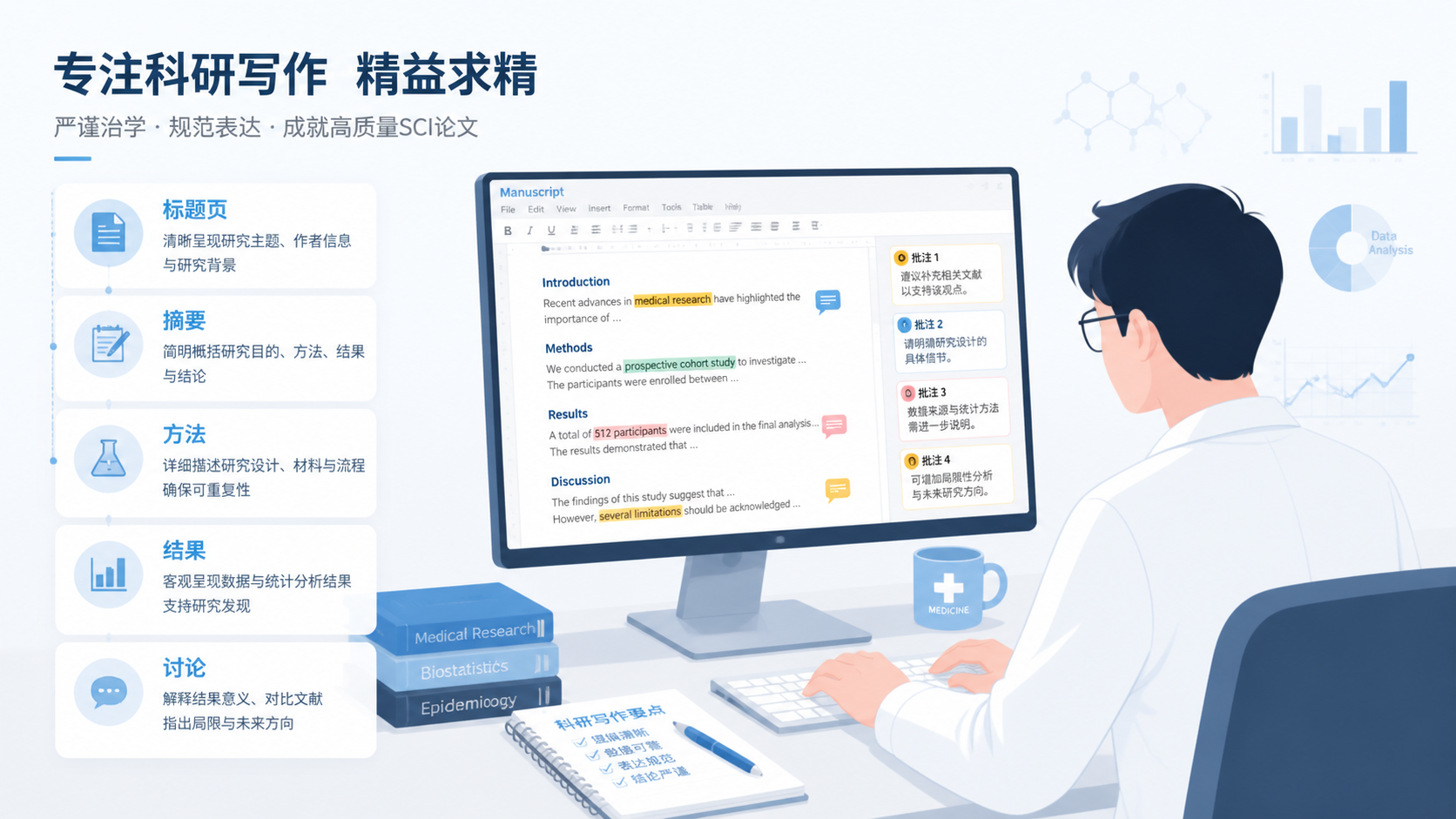 一位医学生在电脑前修改SCI稿件，旁边有标题页、摘要、方法、结果、讨论的结构示意图