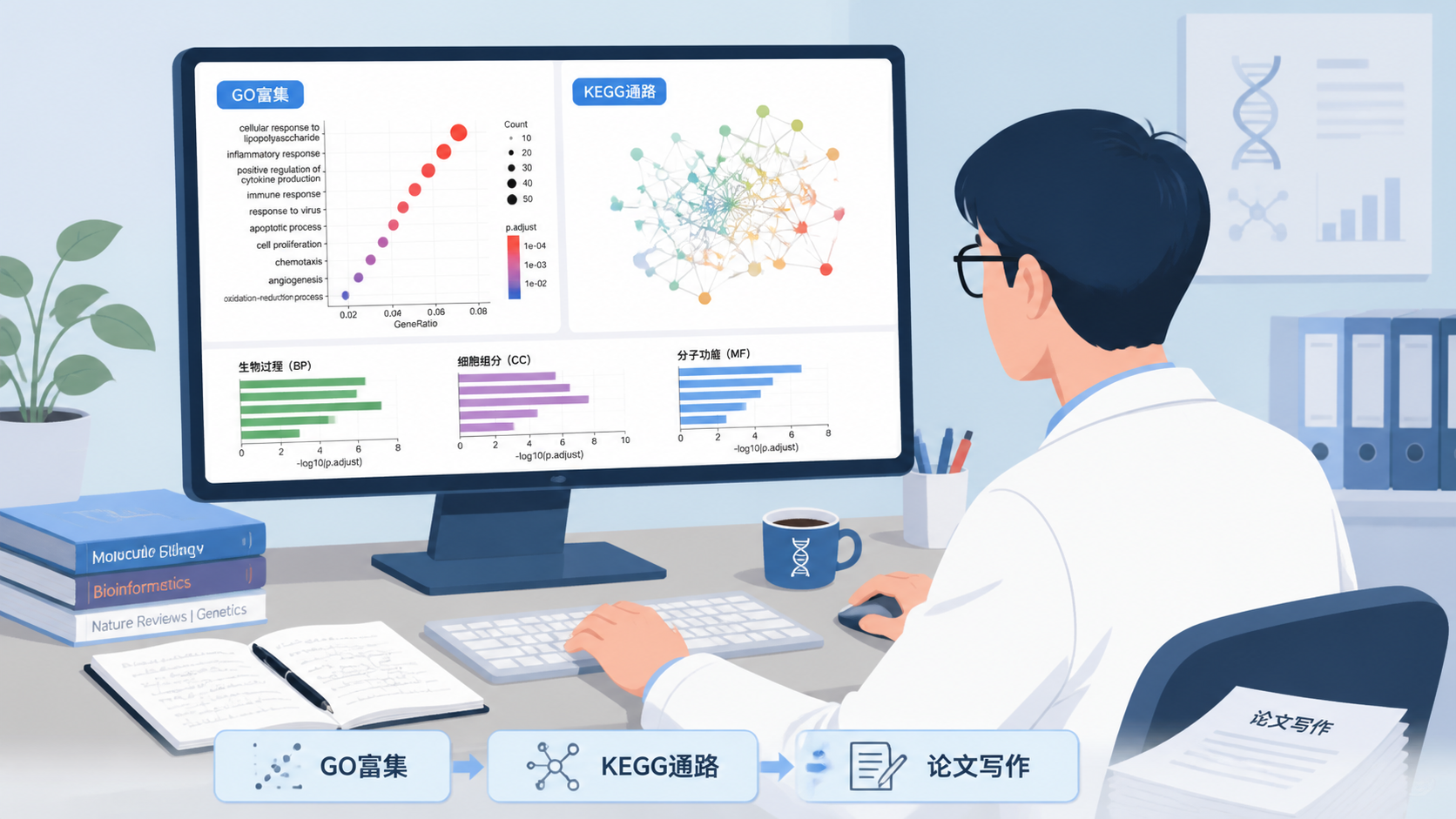 科研人员在电脑前查看GO/KEGG富集气泡图和通路网络图，背景为论文写作场景