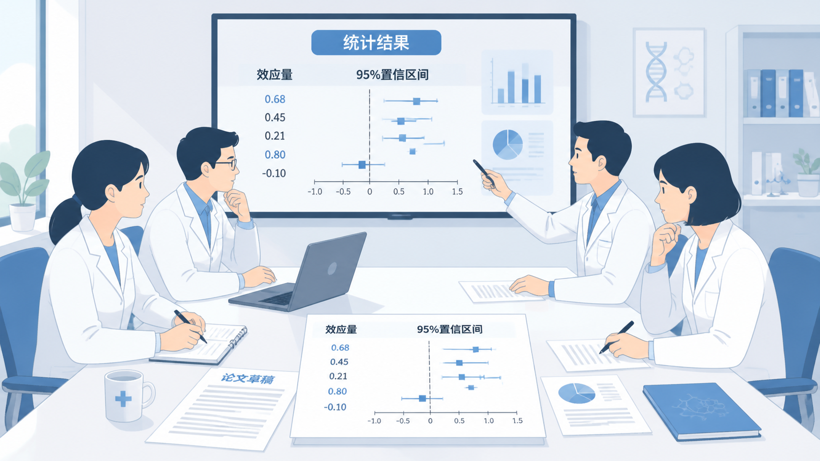 研究者在会议室中讨论统计结果，桌面上有论文草稿、效应量图和95%置信区间图，画面体现专业、严谨的科研决策场景。