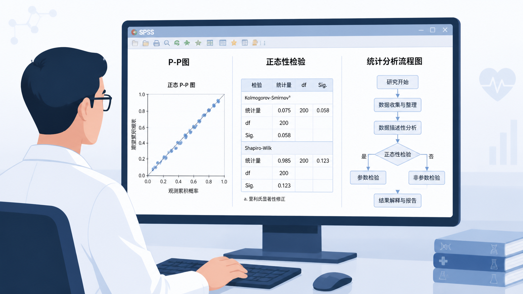 科研人员在电脑前查看SPSS输出窗口，屏幕展示P-P图、正态性检验和统计分析流程图，整体风格专业简洁