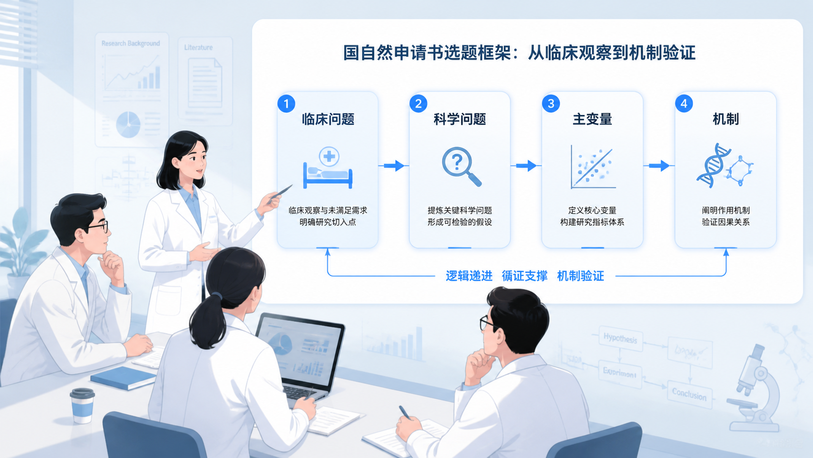 科研团队围绕国自然申请书讨论选题框架，画面中突出临床问题、科学问题、主变量和机制四个模块的结构图