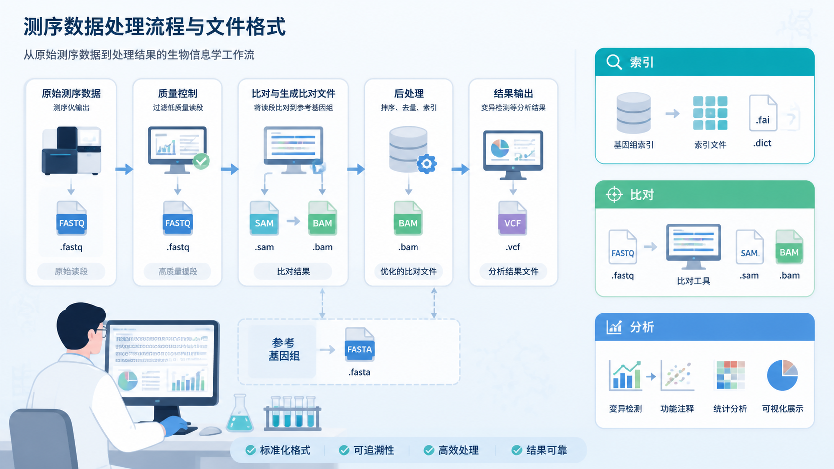 科研人员整理FASTA、FASTQ、SAM、BAM文件流程图，旁边展示“索引、比对、分析”三个模块