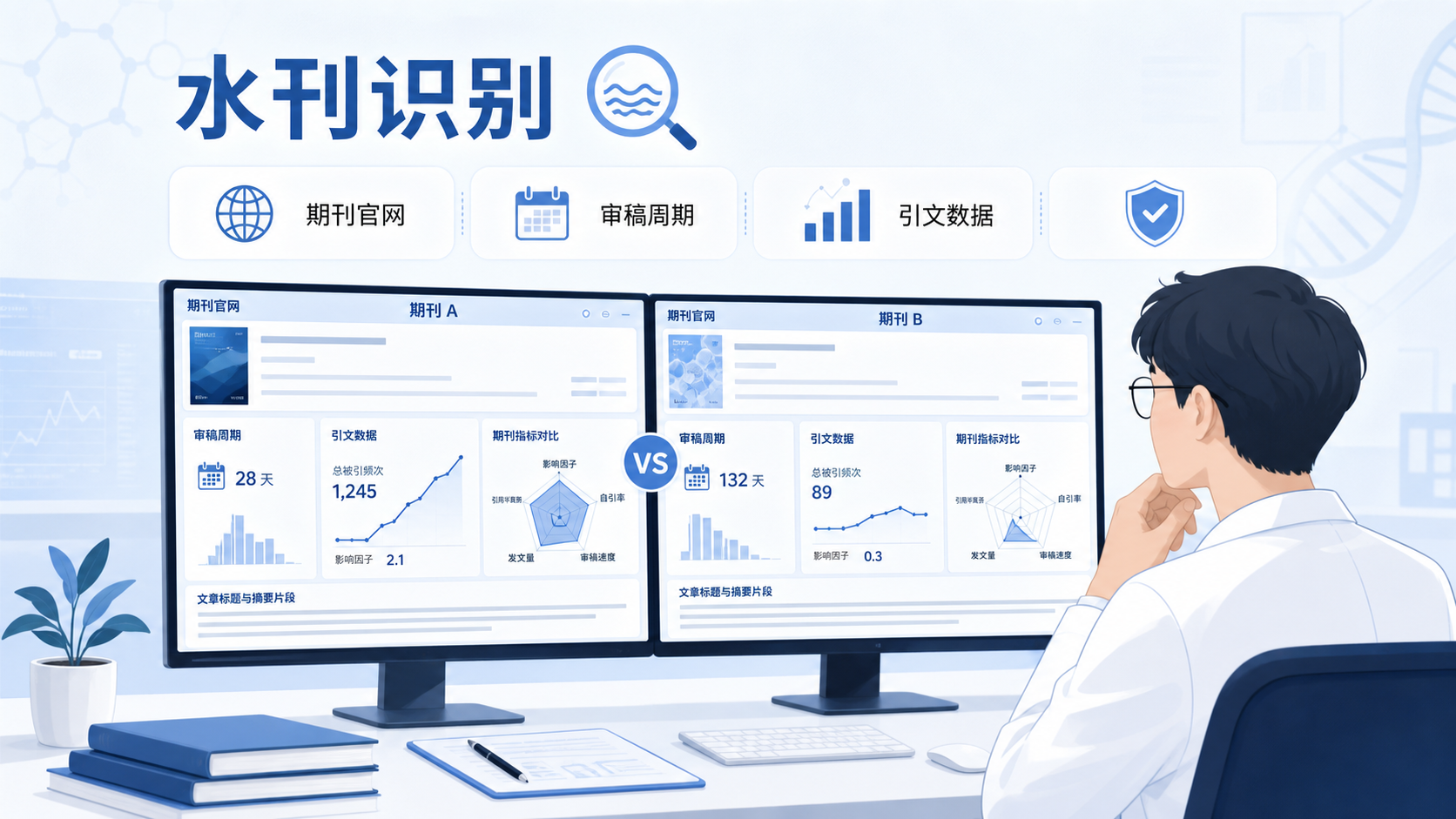 一位研究者在电脑前对比两篇期刊文章，屏幕上展示期刊官网、审稿周期和引文数据，突出“水刊识别”主题。