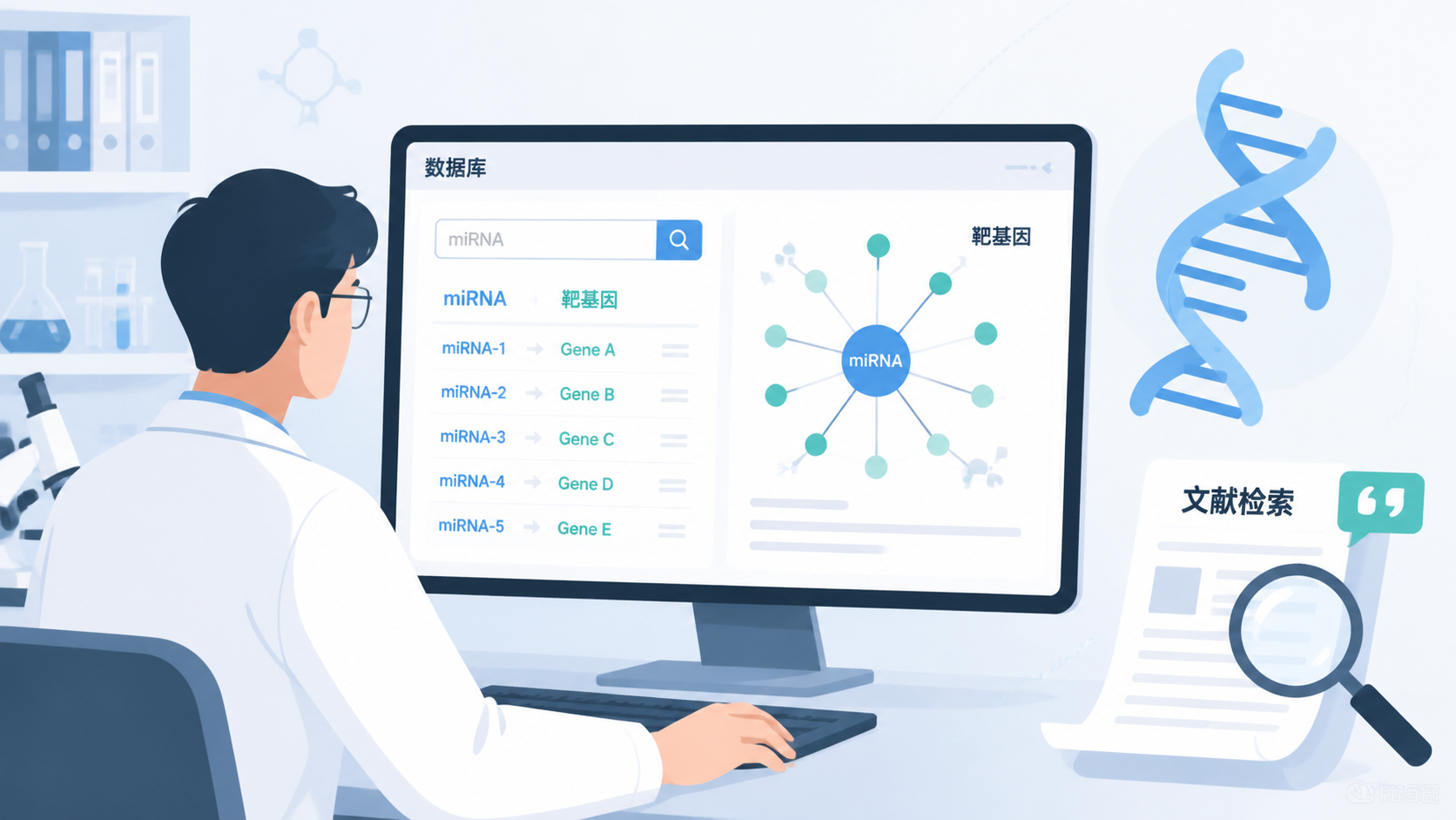 实验室场景中,一位研究者在电脑上浏览miRNA与靶基因数据库界面,旁边有RNA双螺旋和文献检索元素,突出“数据库检索与验证”主题。