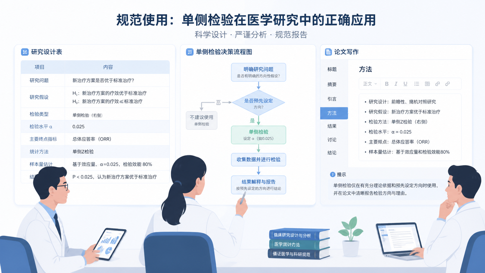 医学科研人员在讨论统计方案，旁边显示研究单侧检验决策，突出规范使用与专业支持。