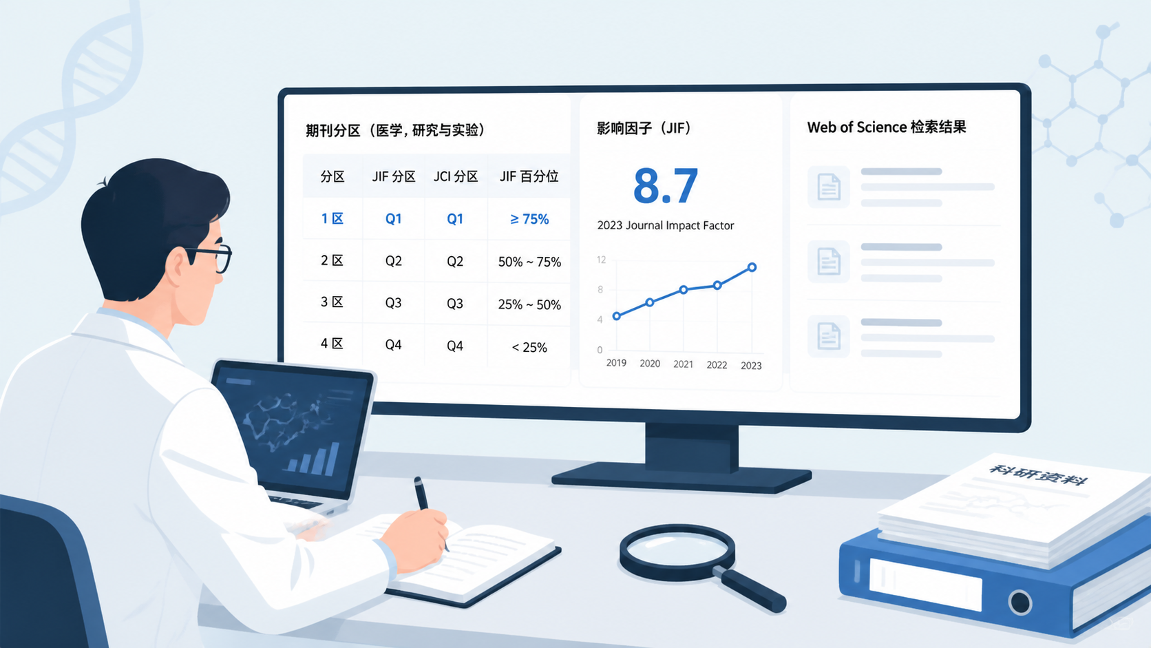 医学科研人员在电脑前查看期刊分区表、影响因子和Web of Science检索结果的场景
