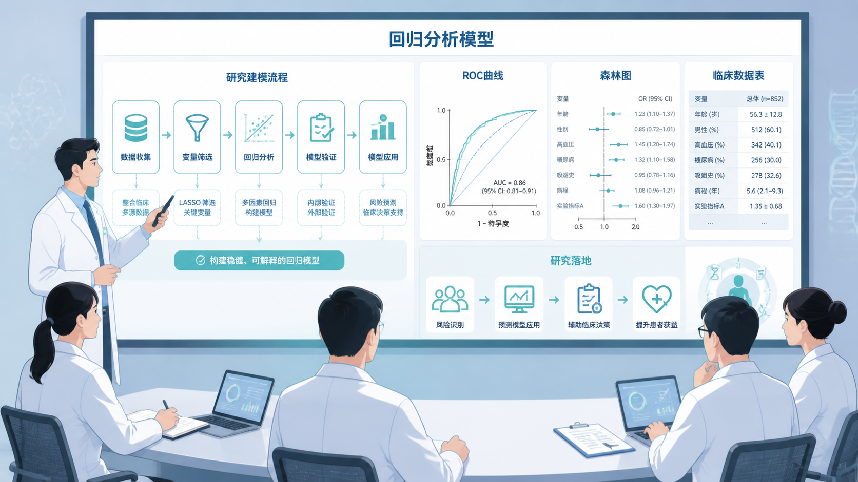 医学科研人员在会议室展示回归分析模型流程图，旁边有ROC曲线、森林图和临床数据表，体现研究落地与转化应用