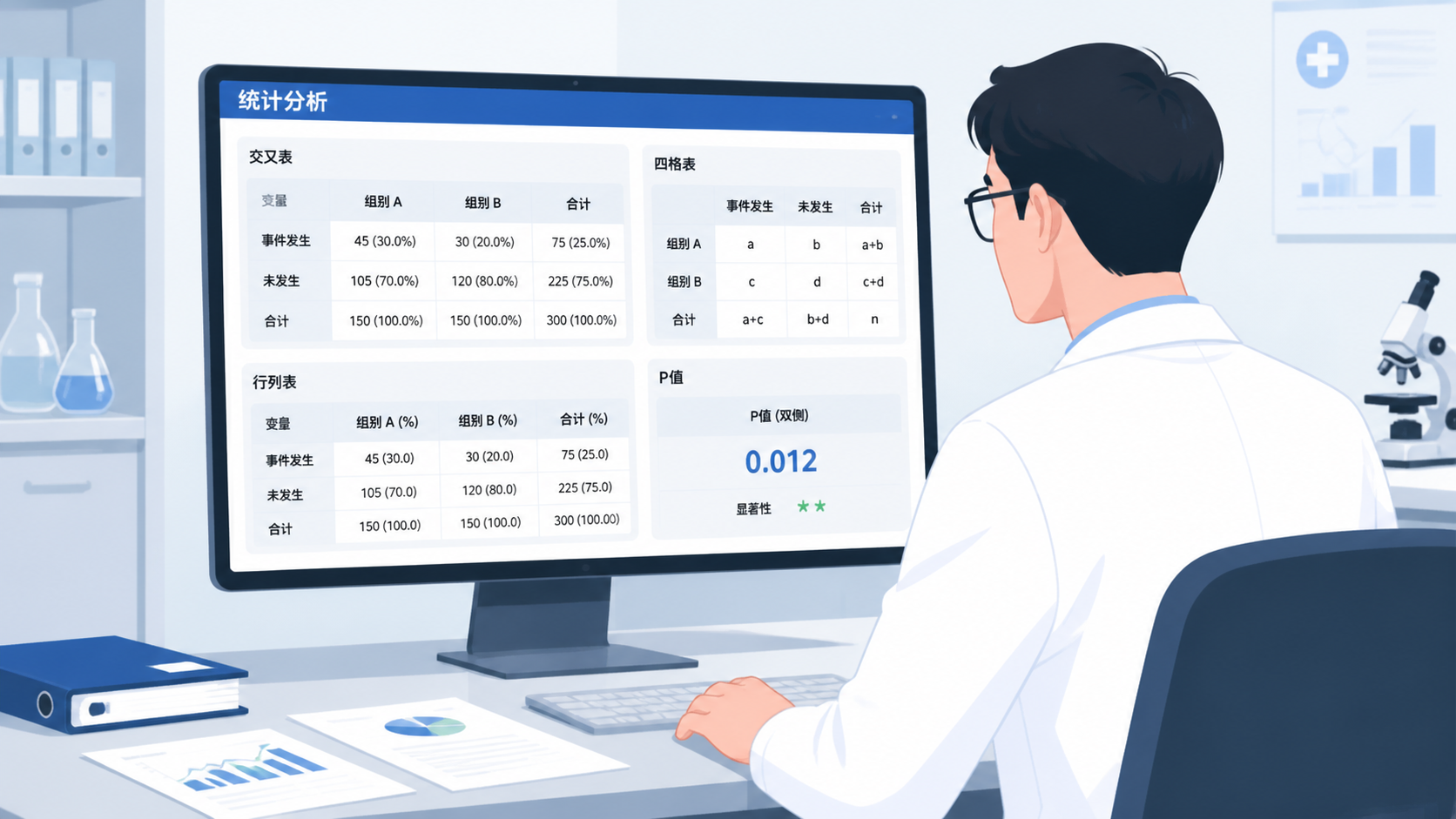 一张临床科研数据分析场景图,包含SPSS交叉表、四格表或行列表、研究者在电脑前查看P值的画面