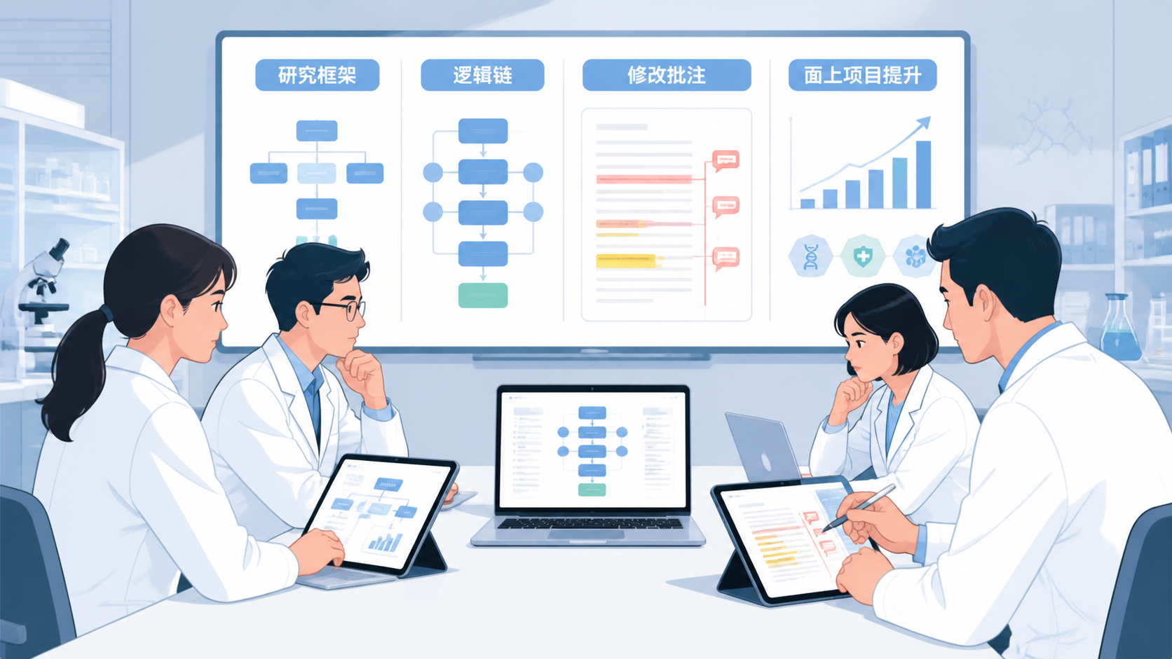 科研团队围坐审阅基金申请书，屏幕上显示研究框架图、逻辑链和修改批注，体现“用专业工具提升面上项目成功率”。