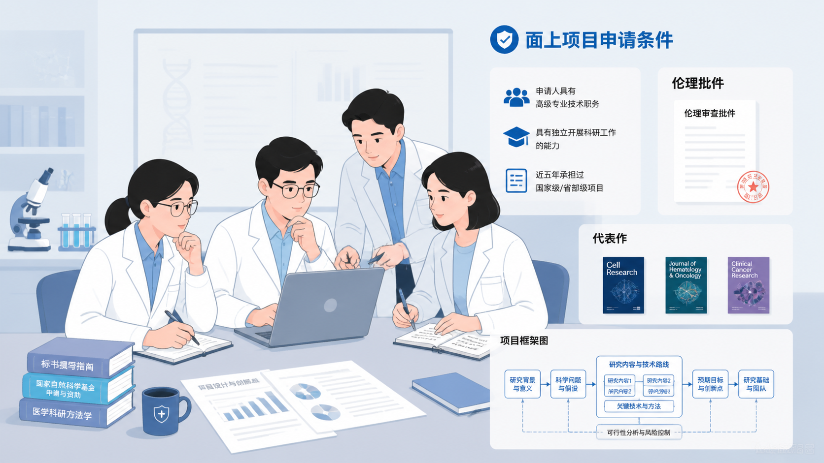 科研团队围着电脑讨论国自然标书方案，旁边有“面上项目申请条件”清单、伦理批件、代表作和项目框架图，突出专业辅导和申报落地场景