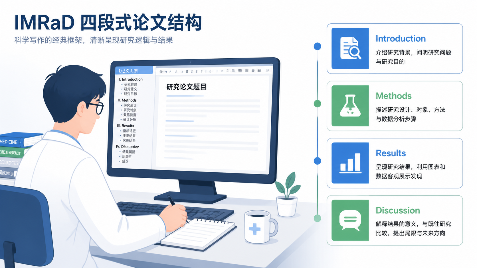 一位医学生在电脑前整理论文结构，旁边展示IMRaD四段式框架示意图：Introduction、Methods、Results、Discussion