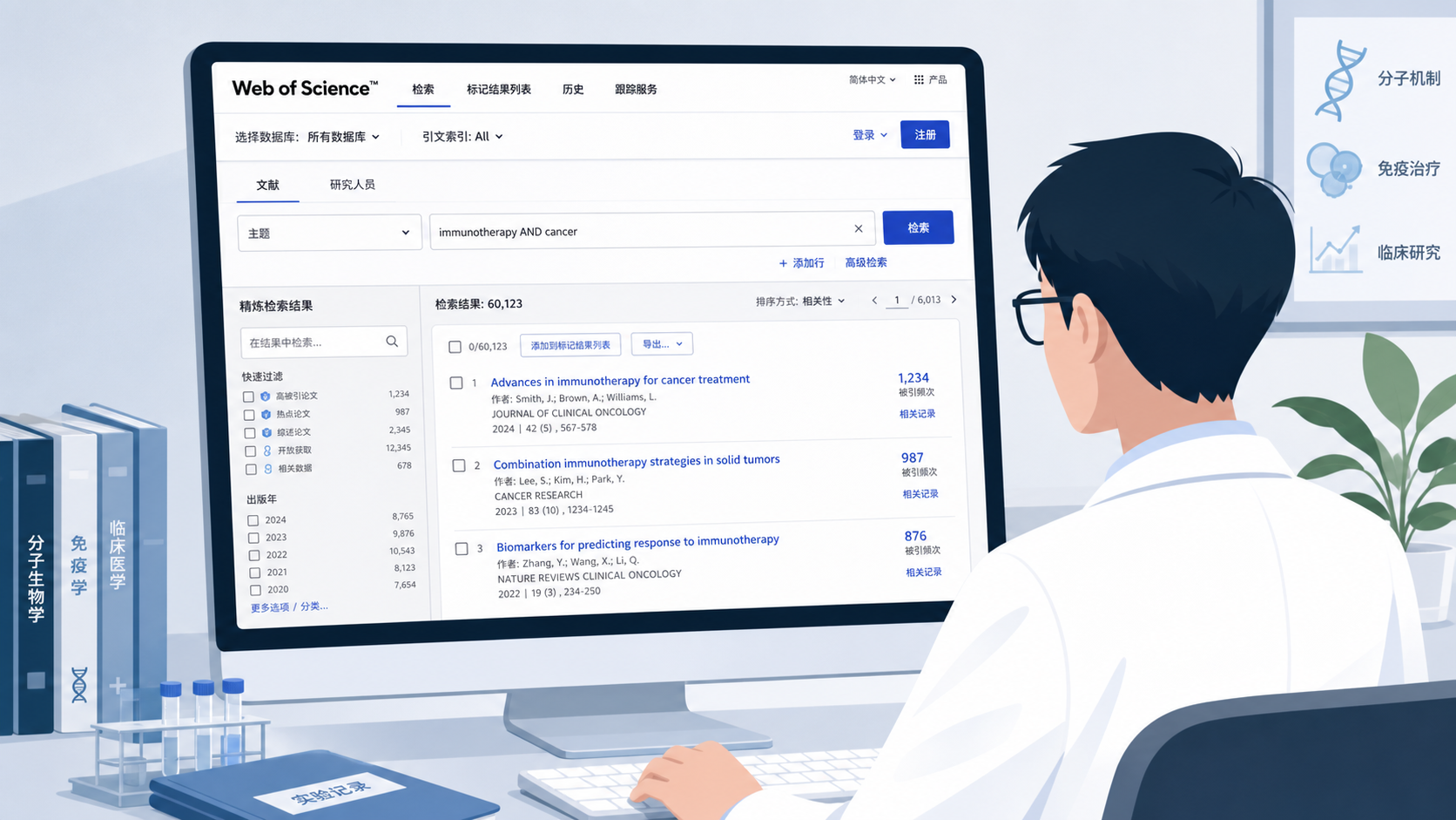 科研人员在电脑前使用 Web of Science 检索文献,界面展示检索框、筛选栏和结果列表