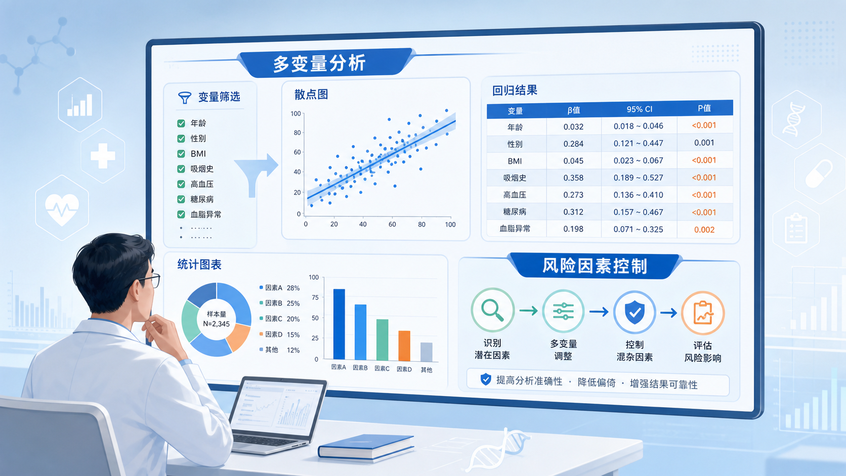 临床研究场景示意图,包含医生查看统计图表、散点图和回归结果表格,突出“多变量分析”和“风险因素控制”主题