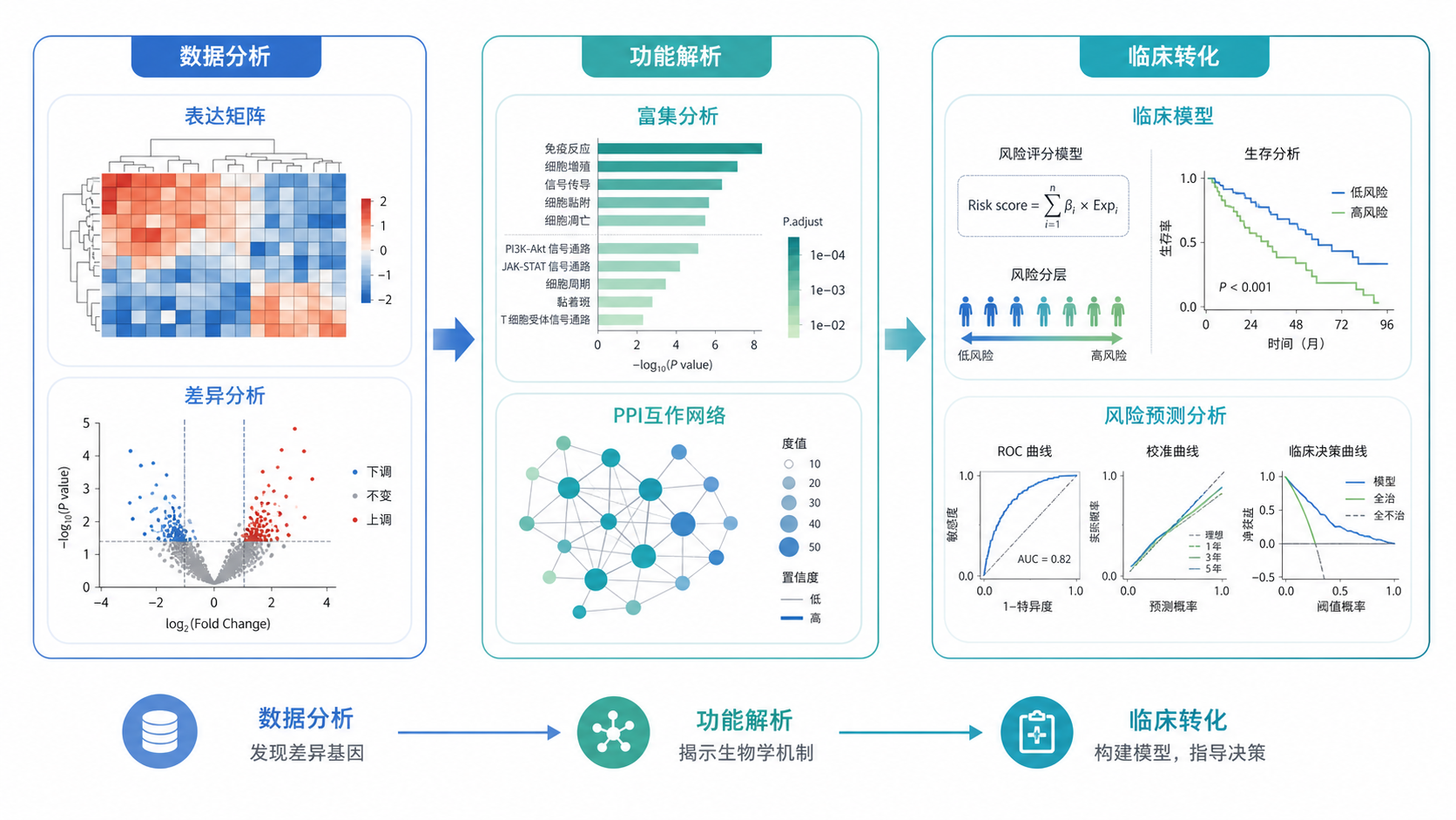一张生信工作流示意图，左侧是表达矩阵和差异分析，中间是富集分析和PPI互作网络图，右侧是临床模型与论文成稿