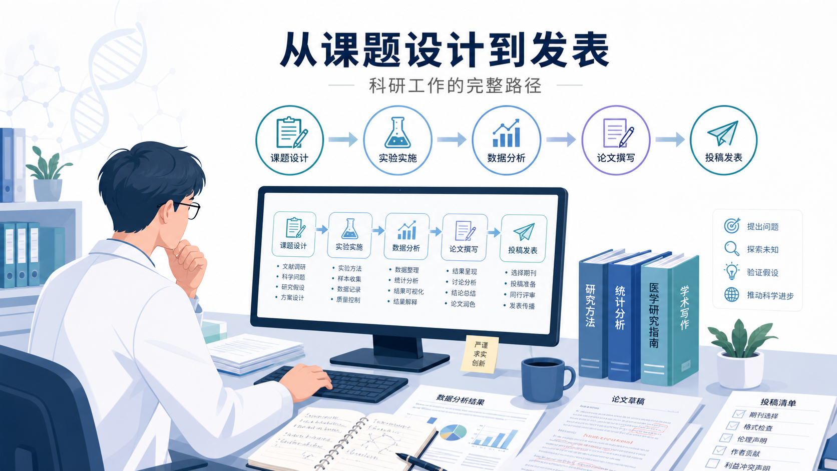 一位科研人员在电脑前梳理课题流程图，旁边有实验数据、文献和论文草稿，突出从设计到发表的逻辑链条
