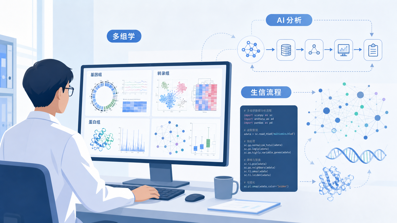 科研人员在电脑前处理多组学数据,旁边叠加AI自动化流程、代码和生信图谱元素