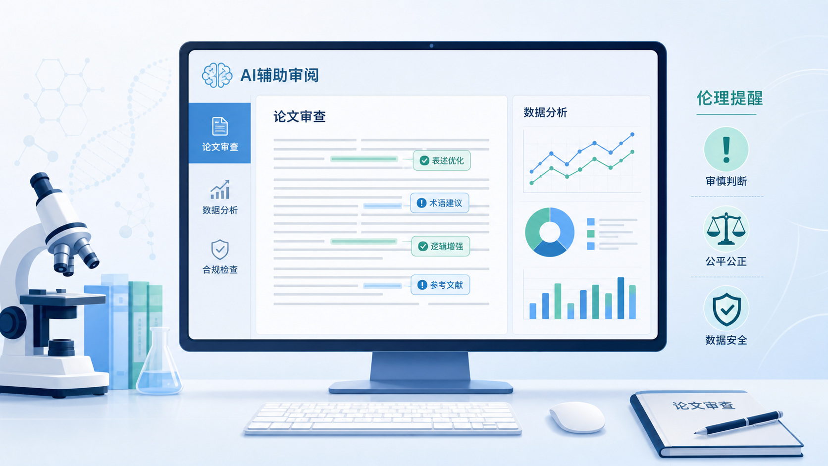 科研人员在电脑前审阅论文、旁边显示AI工具界面与伦理警示图标的专业场景图