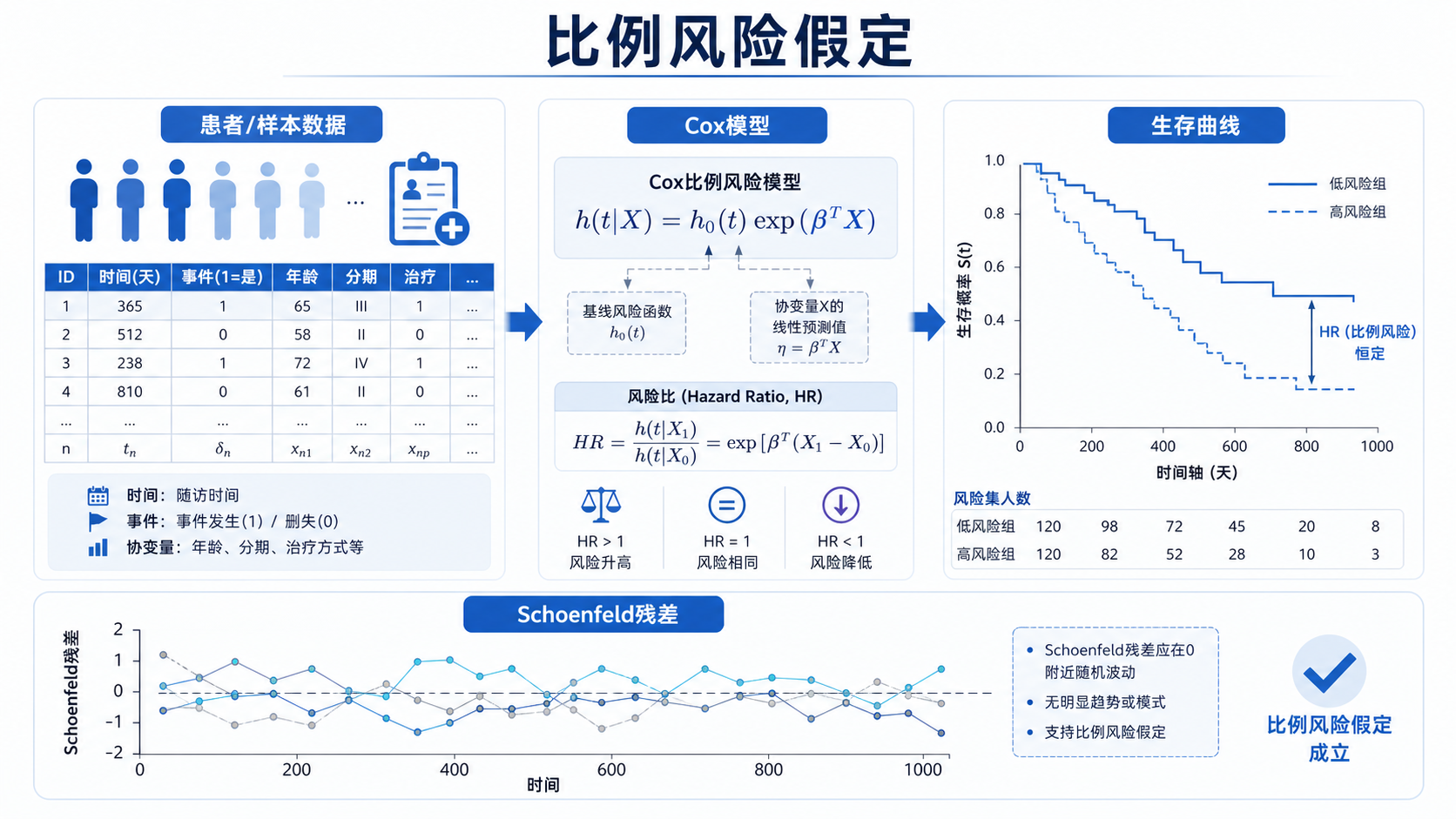 一张生存分析示意图，包含Cox模型、时间轴、Schoenfeld残差曲线和“比例风险假定”字样，风格简洁专业。