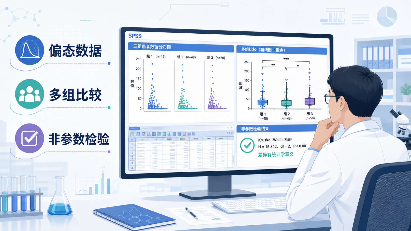 临床研究者在电脑前查看三组患者数据分布图与SPSS分析界面,突出“偏态数据、多组比较、非参数检验”场景