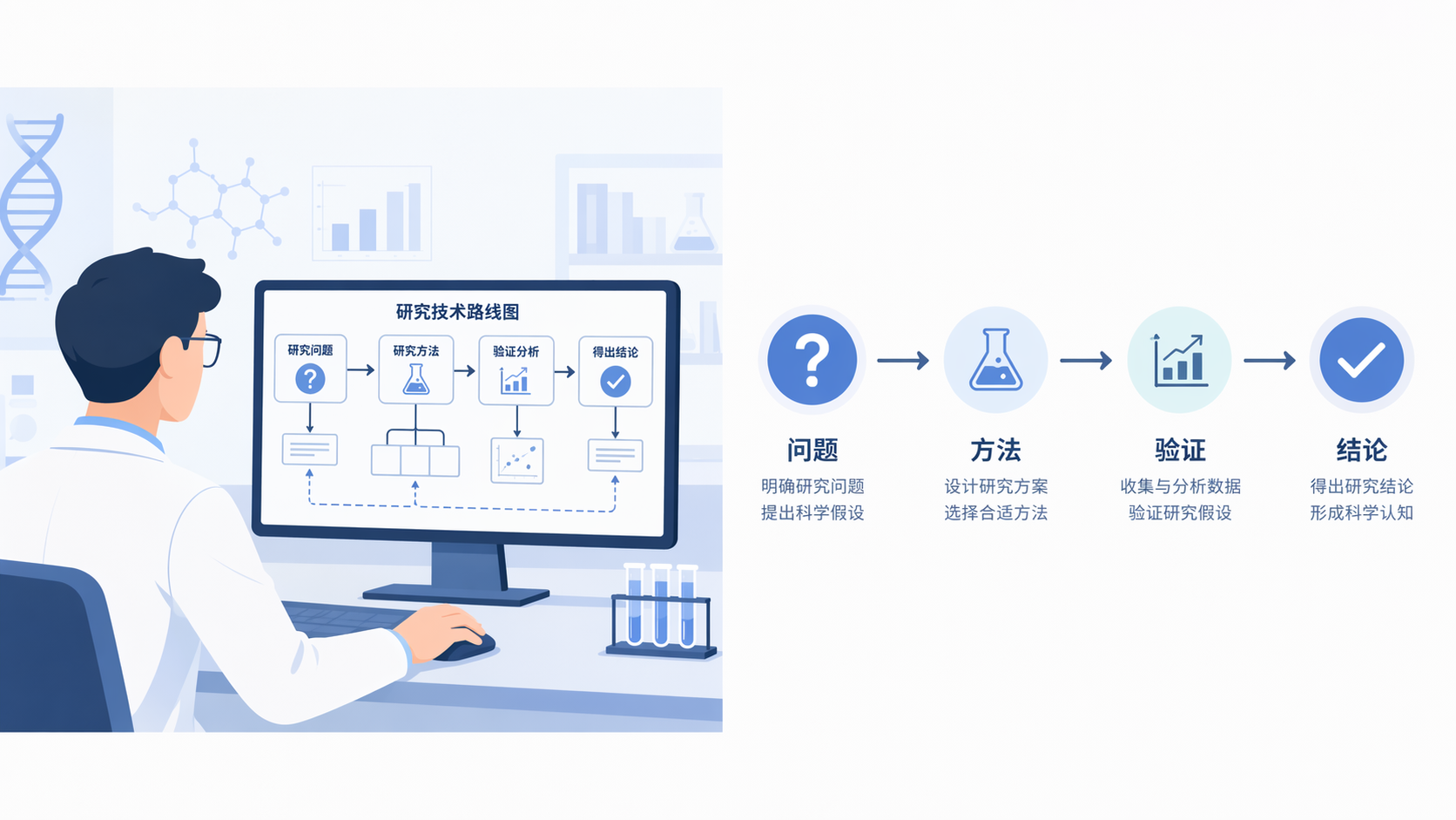 科研人员在电脑前绘制技术路线图,旁边展示“问题-方法-验证-结论”的流程示意图,画面专业简洁。
