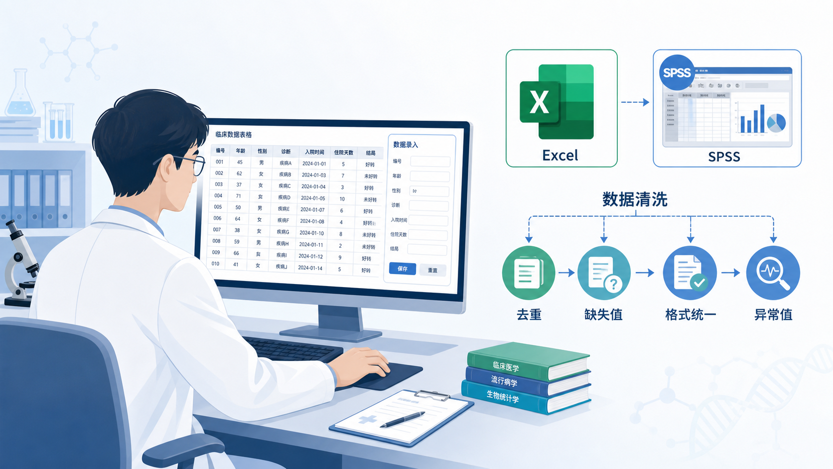 医学生或科研人员在电脑前核对临床表格，旁边展示Excel、SPSS和数据清洗流程示意图。