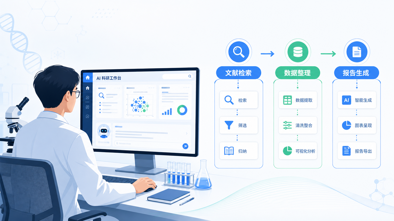 一位研究人员在电脑前操作科研智能体界面，旁边展示文献检索、数据整理和报告生成等任务流程图。