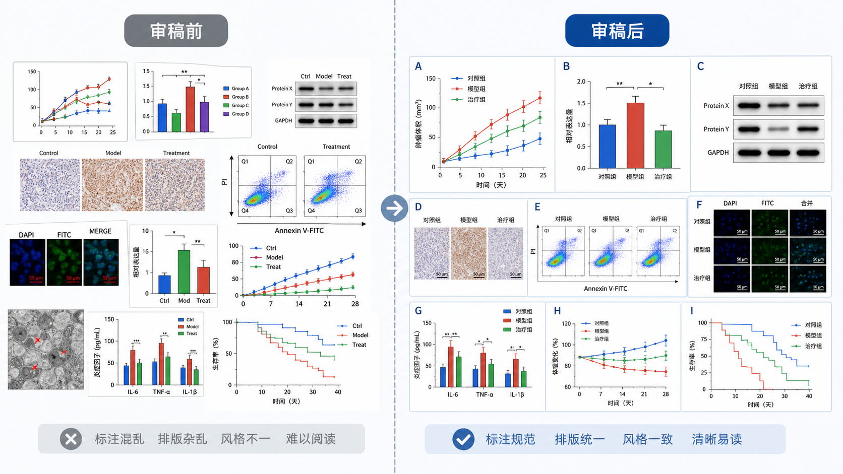 一张对比图,左侧为拼接混乱的SCI图,右侧为排版统一、标注规范的高质量科研图,突出审稿前后差异
