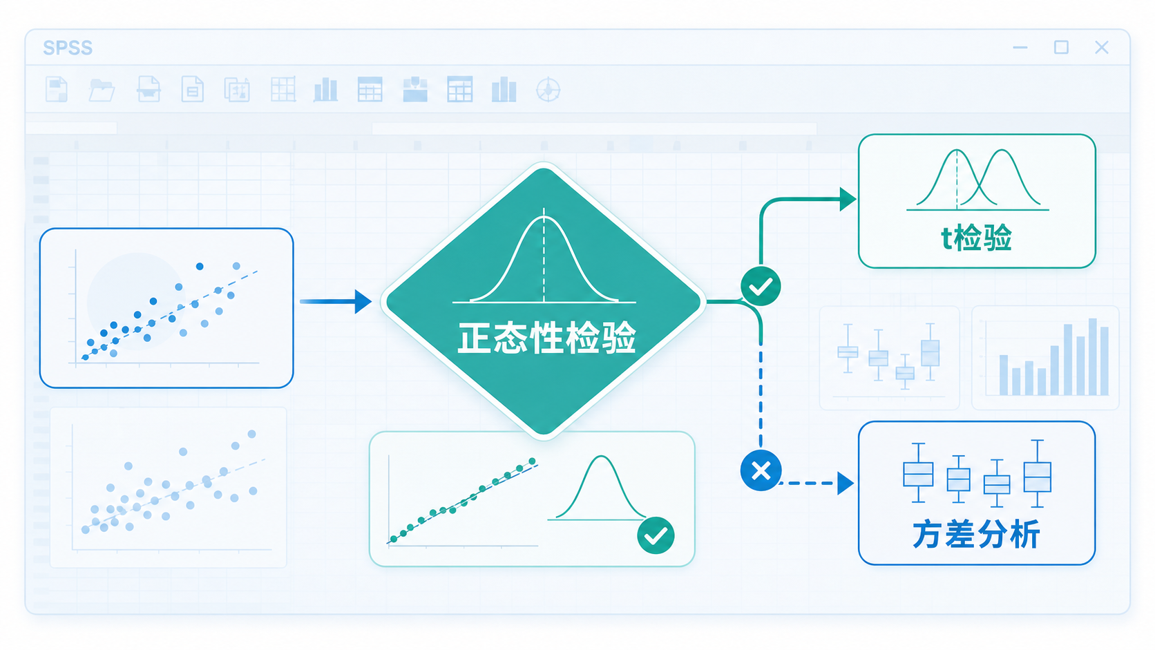 医学统计分析流程图，突出“正态性检验”作为进入t检验、方差分析前的关键步骤，背景为SPSS界面和数据分布曲线