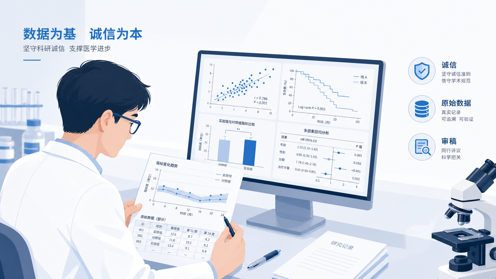 实验室场景中,研究者对着被高亮标记的数据图表进行审阅,旁边放有“诚信、原始数据、审稿”关键词的简洁信息图