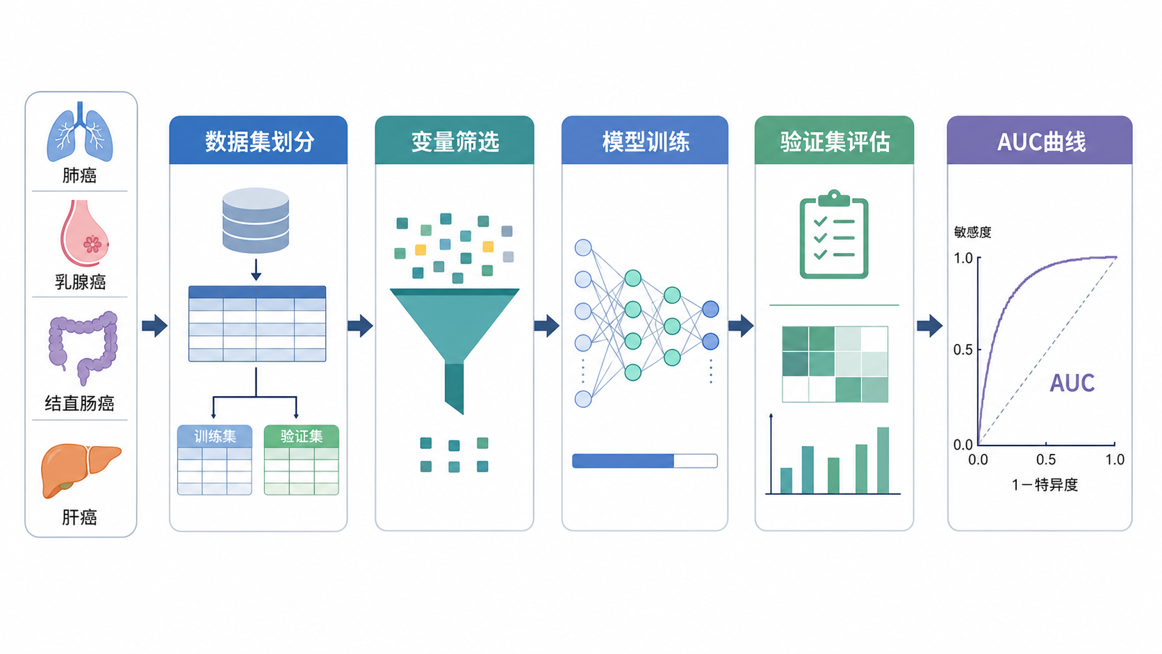 一张多癌种研究流程图，包含数据集划分、变量筛选、模型训练、验证集评估和AUC曲线的示意图