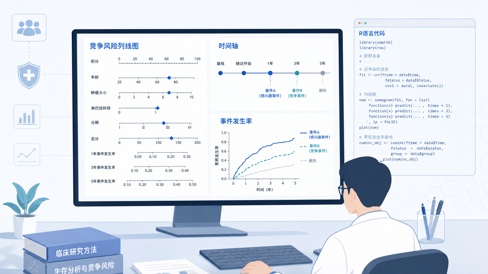 临床研究者在电脑前查看竞争风险列线图、时间轴和事件发生率曲线,背景包含R语言代码界面